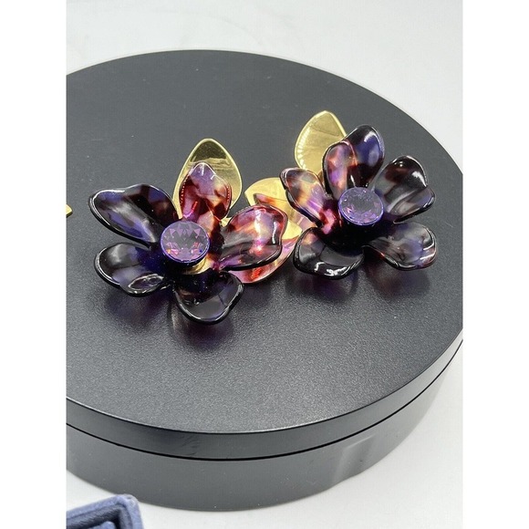 Kate Spade Large Purple Brown Floral PETAL PUSHER Gold Plated Statement Earring - Picture 12 of 15